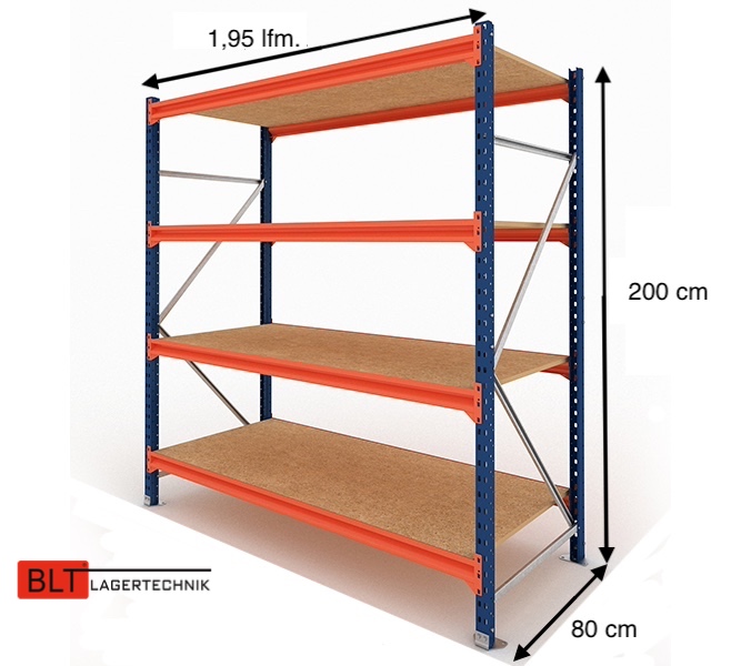 1,95 lfm Weitspannregale 80cm tief , 4 Ebenen, Werkstattregale , Lagerregale , Großfachregale , Handlager , Fachbodenregale